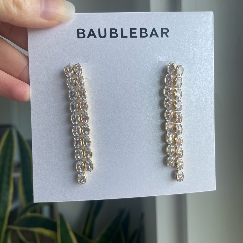 NWT BaubleBar Diamond Crystal Strand Gold Dangle Earrings